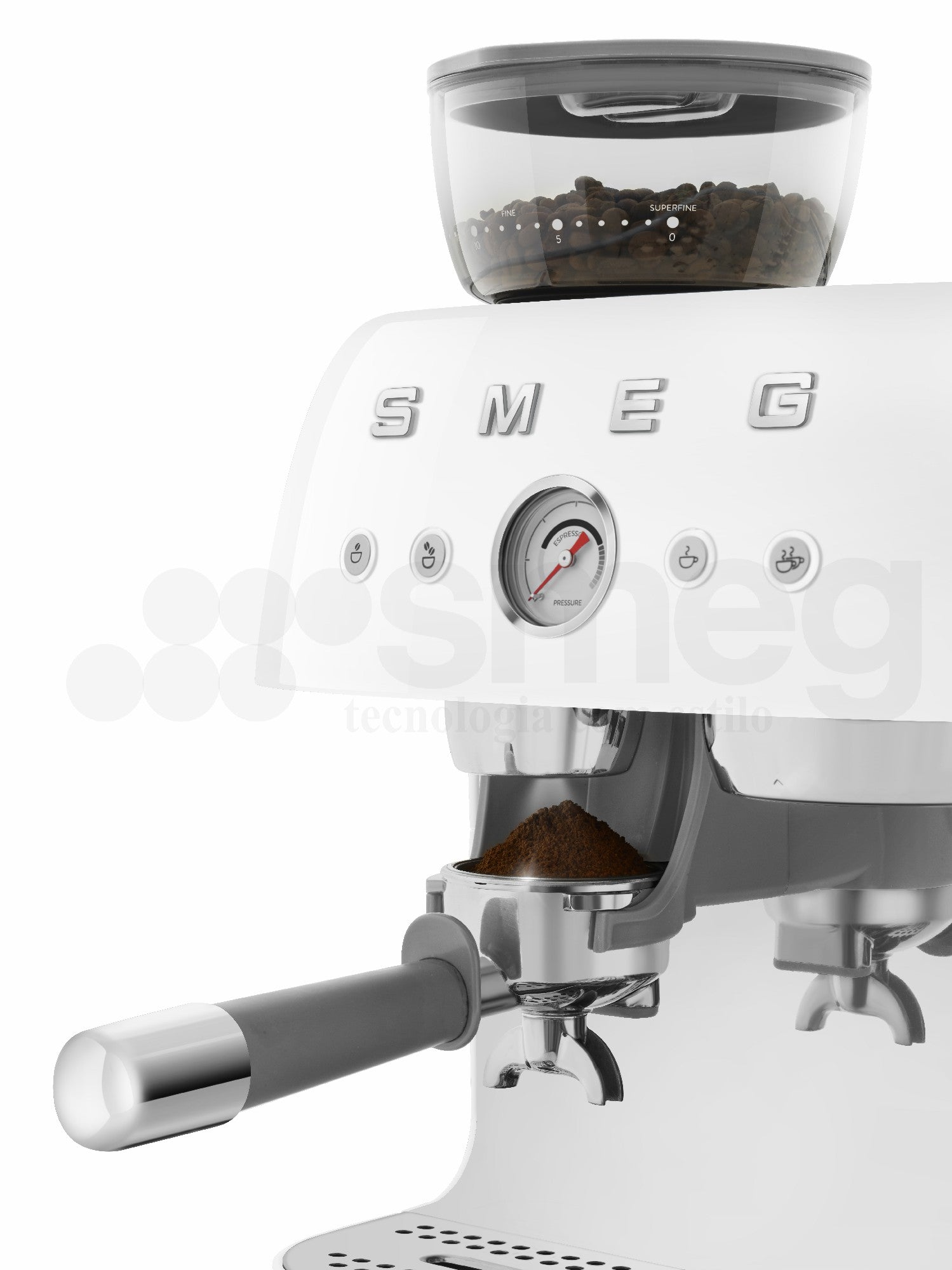 Cafetera Espresso Manual con Molinillo Smeg, Estilo años 50, Blanco, 1650w, EGF03WHEU