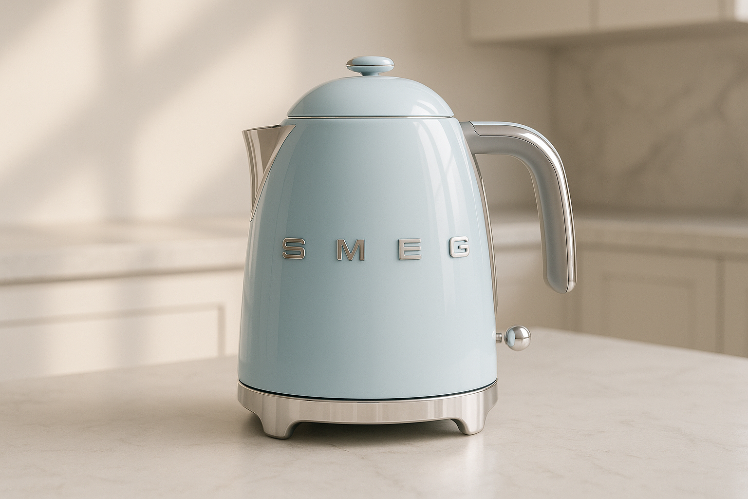 Crie uma imagem simples e ambientada da chaleira KLF03 SMEG na cor Azul Pastel