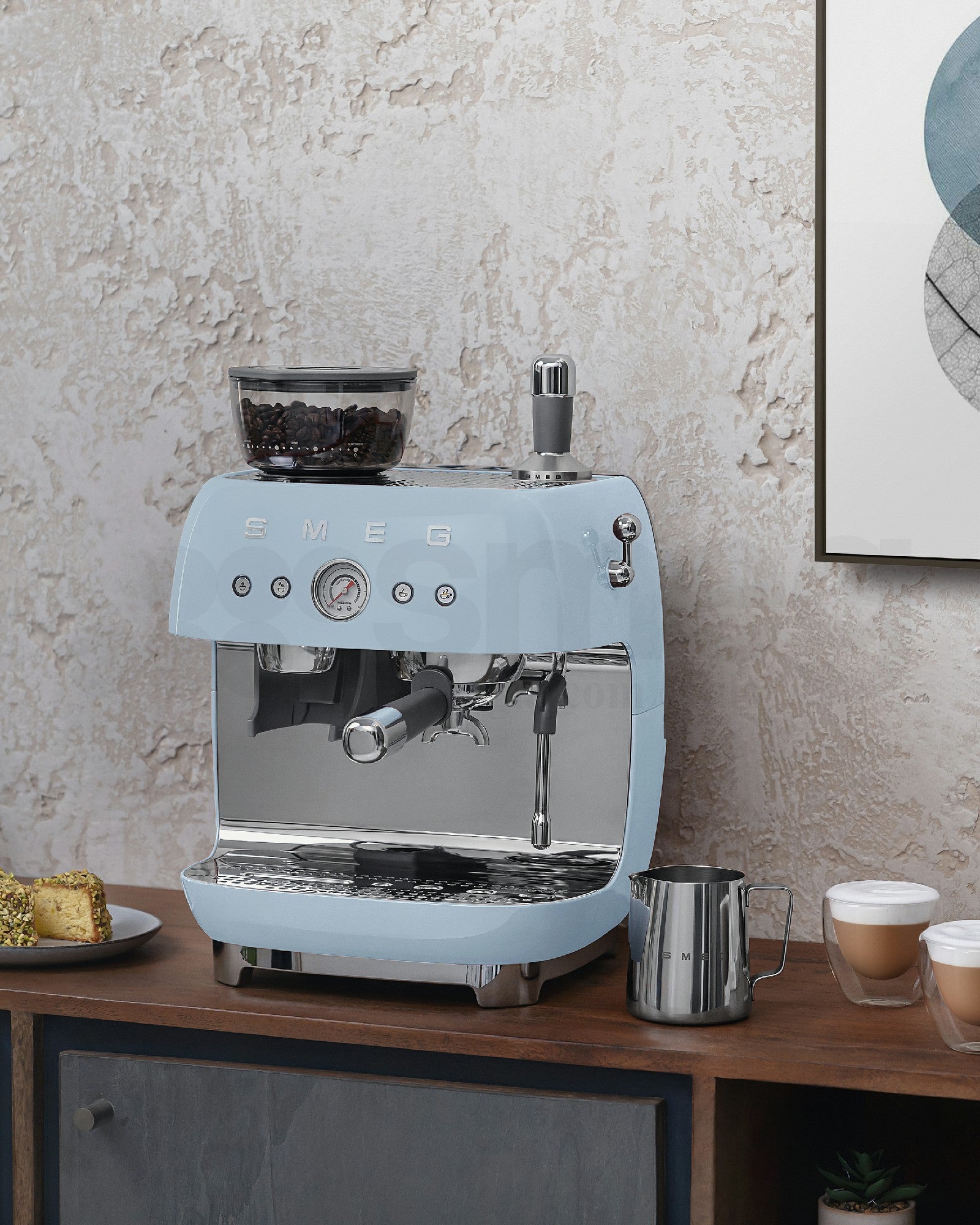 Cafetera Espresso Manual con Molinillo Smeg, Estilo años 50, 1650w, Azul, EGF03PBEU