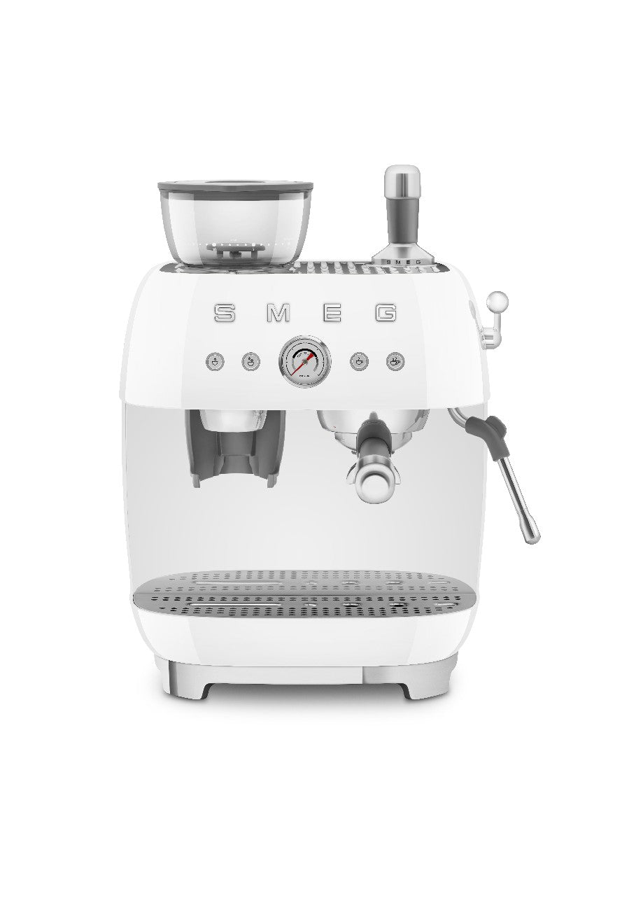 Cafetera Espresso Manual con Molinillo Smeg, Estilo años 50, Blanco, 1650w, EGF03WHEU