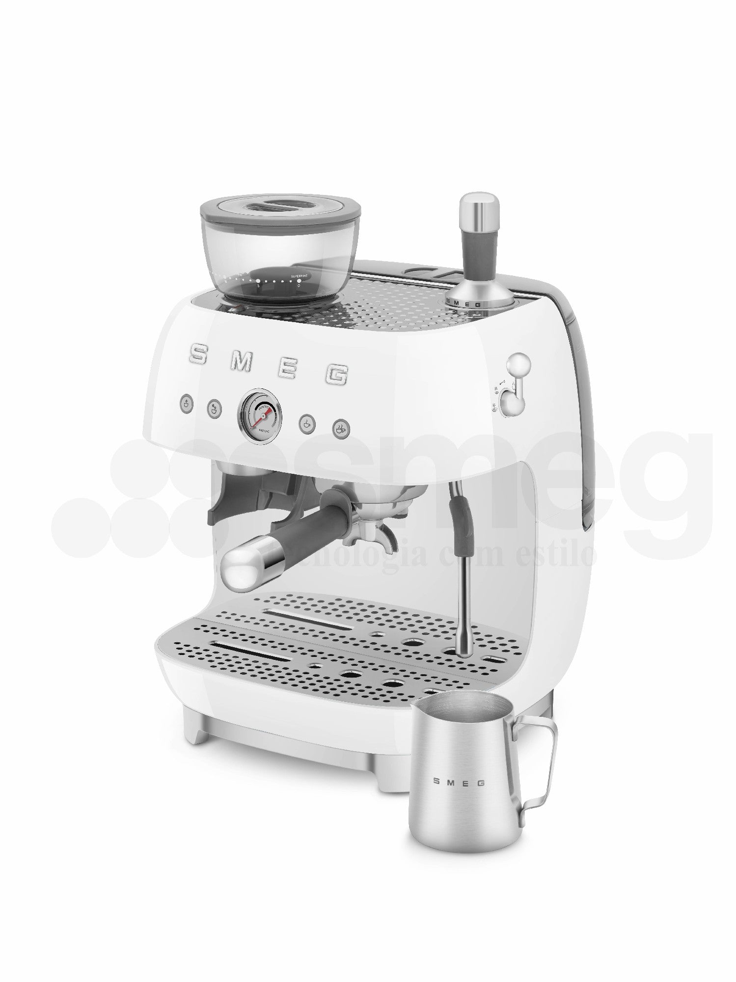 Cafetera Espresso Manual con Molinillo Smeg, Estilo años 50, Blanco, 1650w, EGF03WHEU