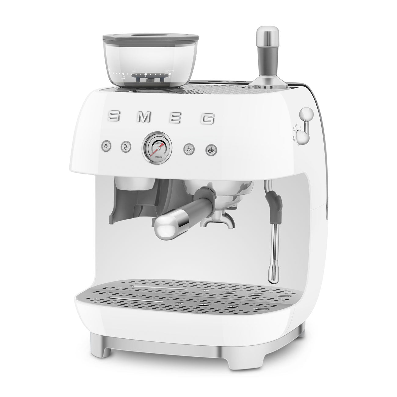 Cafetera Espresso Manual con Molinillo Smeg, Estilo años 50, Blanco, 1650w, EGF03WHEU