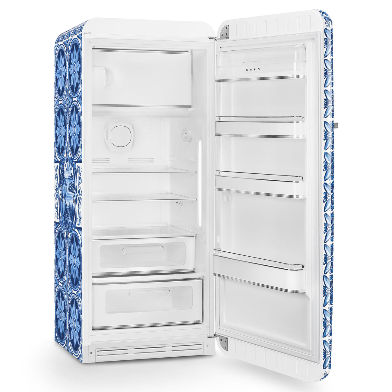 Refrigerador Smeg 1 Puerta, Estilo años 50, Bisagra a la derecha, 220v, Dolce & Gabbana Blue Mediterraneo, FAB28RDGC6